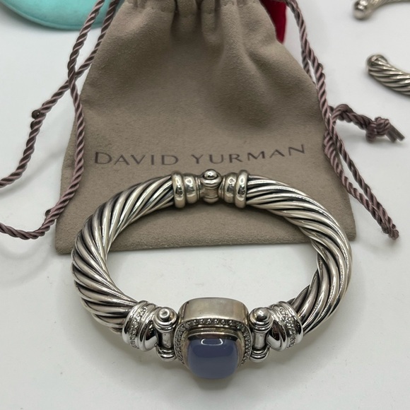 David Yurman Blue Chalcedony Diamond Sterling Silver 18K Gold Cable Bracelet - Picture 2 of 11